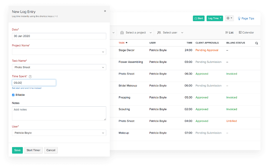 Time tracking in accounting tool - Zoho Books