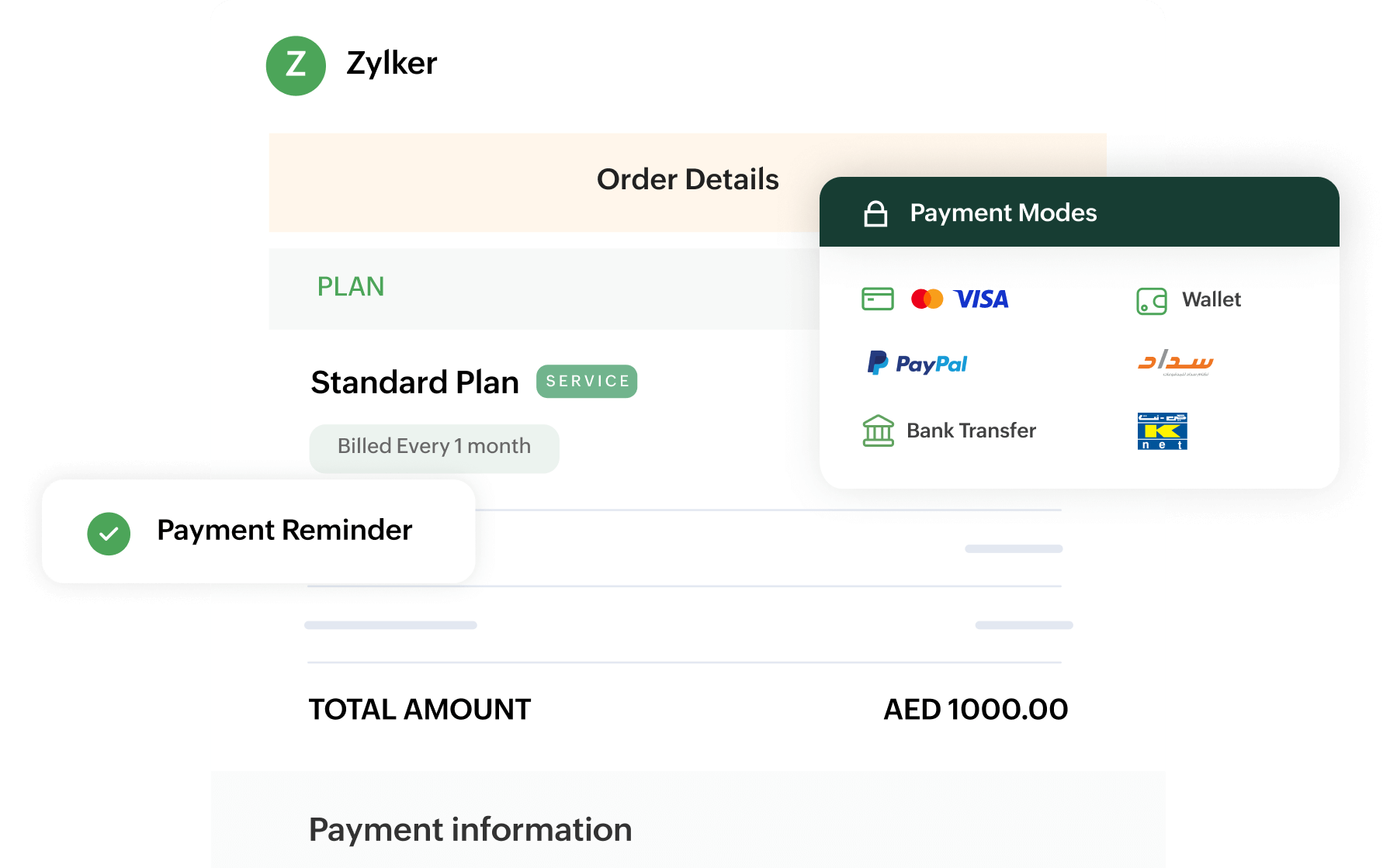 Preview of Zoho Billing's order summary and the multiple payment gateways and modes supported