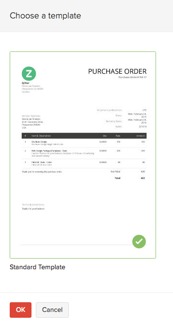 Changing template in purchase order