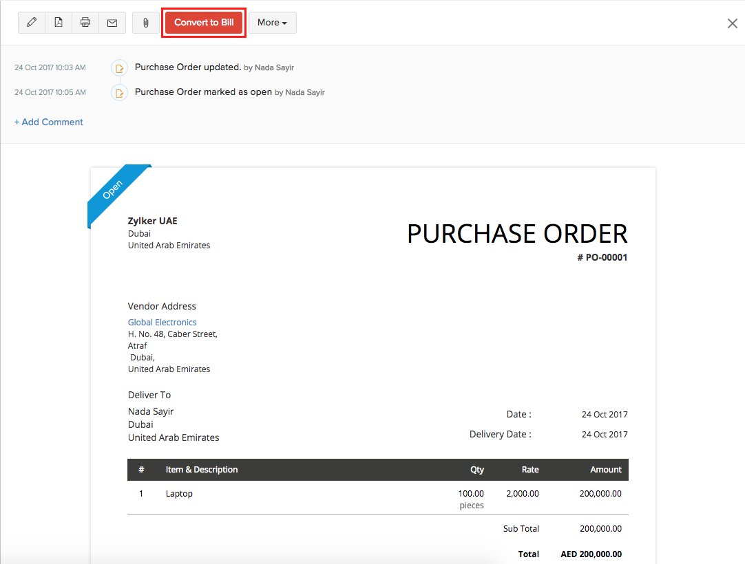 Convert purchase order to a bill