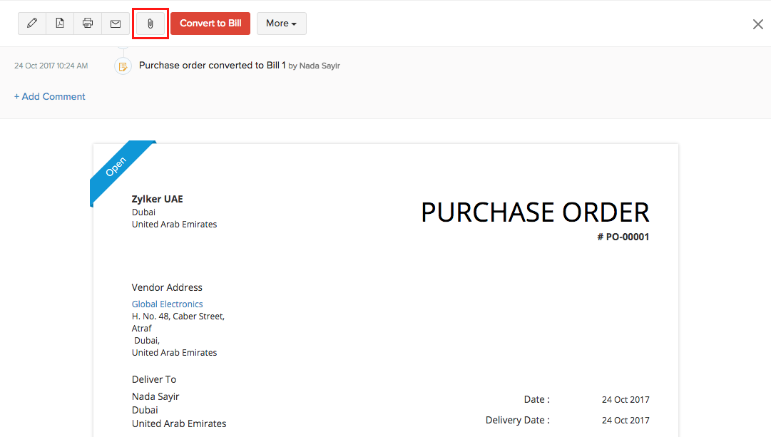 Attaching a file to purchase order