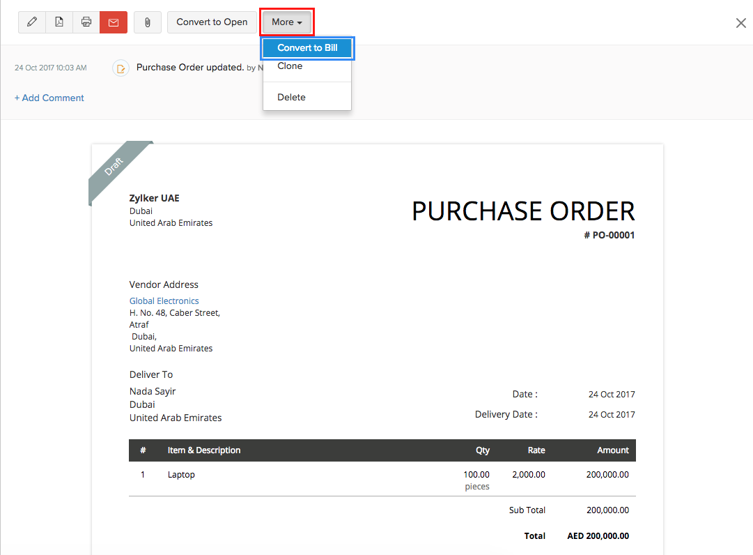 More actions in purchase order