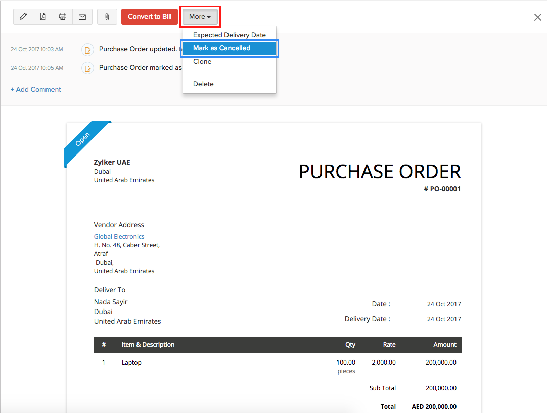 More actions in purchase order