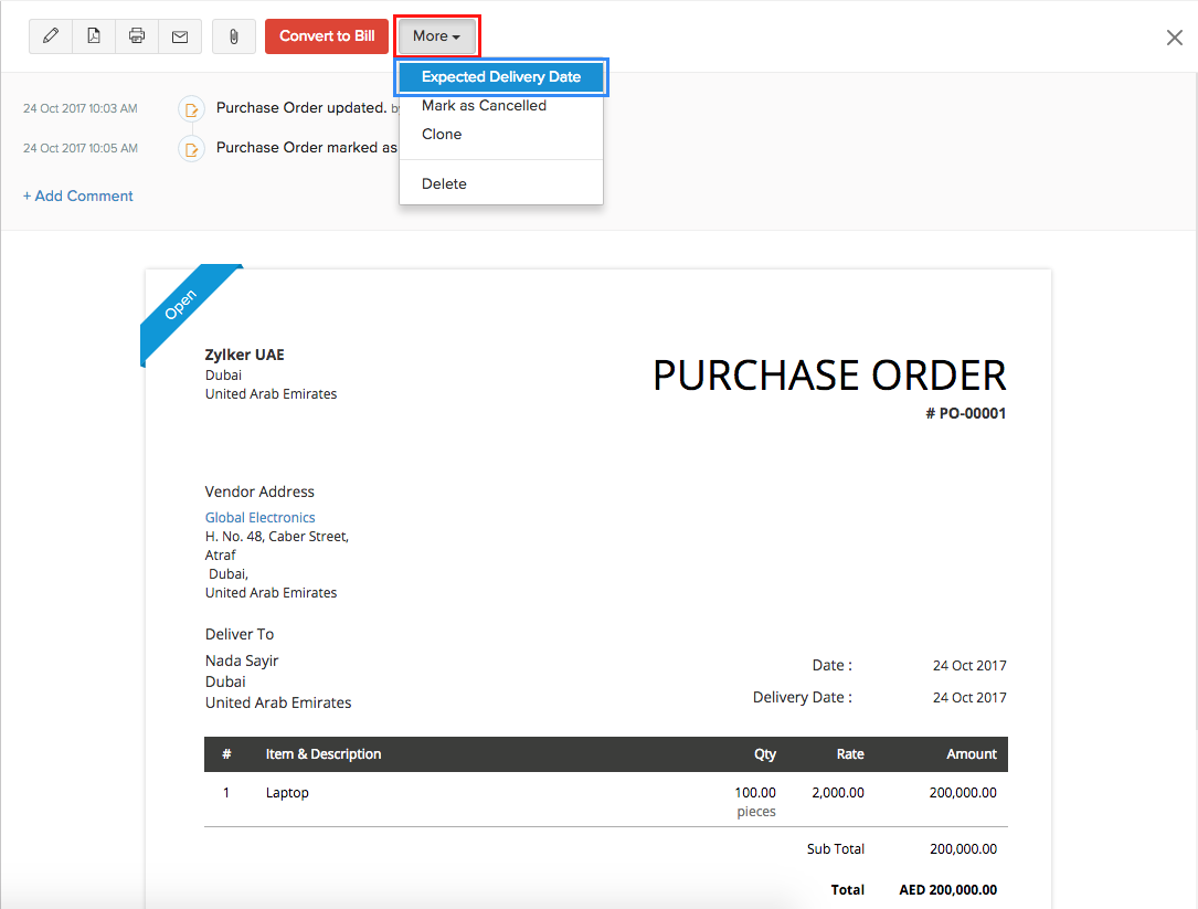 More Actions in purchase order