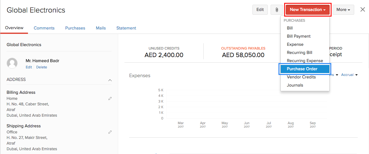 Creating purchase order in contact