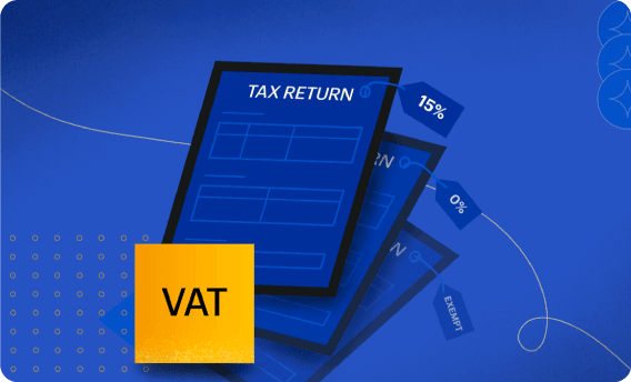 Stylized image of papers labelled VAT returns against a blue background