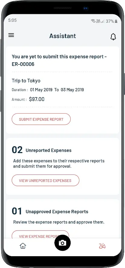 A snapshot of Zia, your intelligent assistant, who will help with your expense reporting