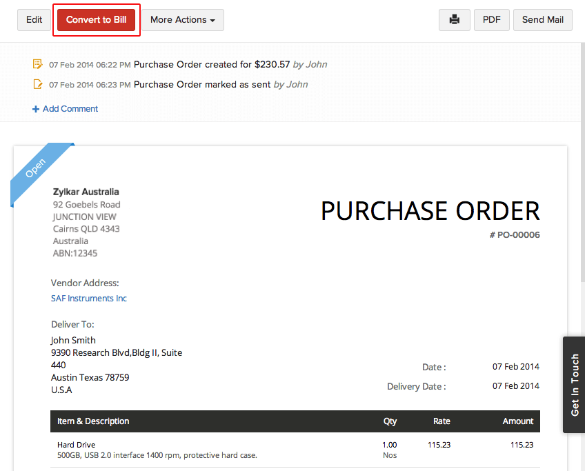 Convert purchase order to a bill