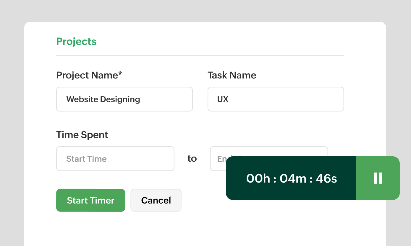 Preview of timesheet/project management within Zoho Billing | Zoho Billing