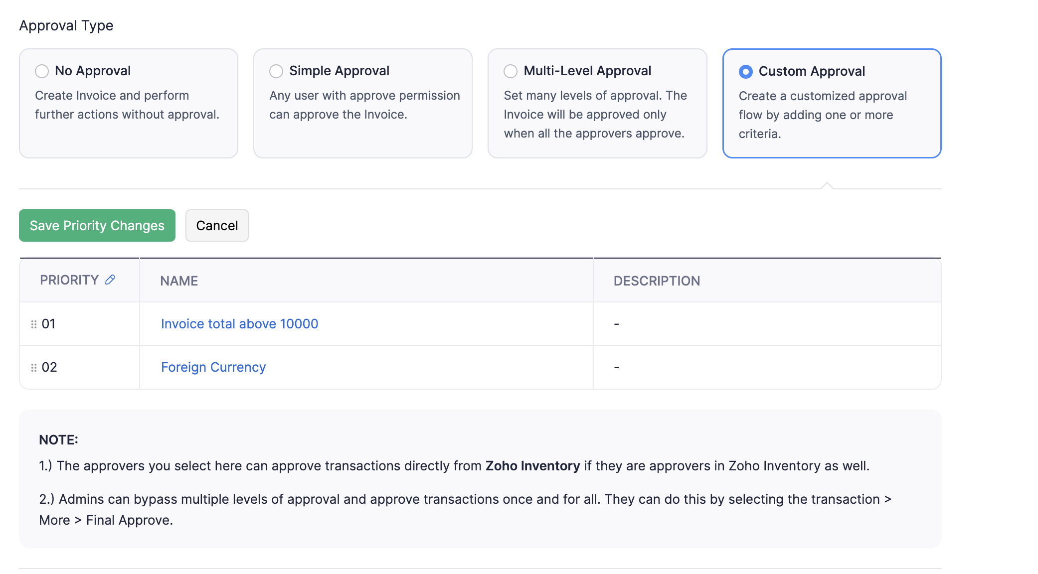 Drag and reorder the custom approvals as per priority