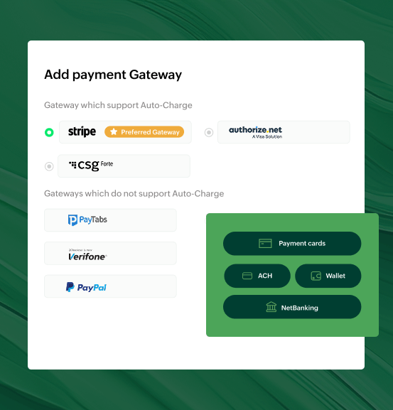 Image depicting the different payment gateways and modes supported in Zoho Billing