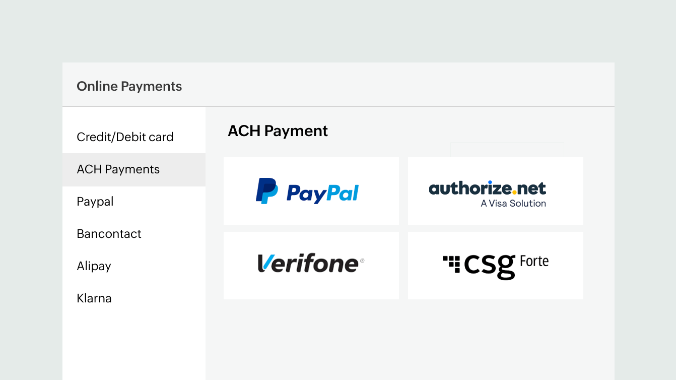 Multiple payment methods and gateways including cards, ACH through leading payment gateways | Zoho Billing