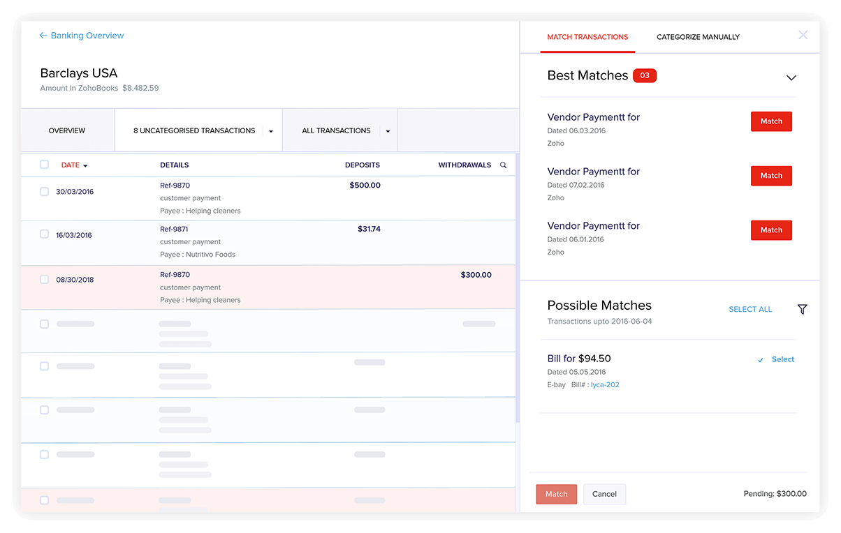 Bank Transaction Matching - Account Reconciliation Software | Zoho Books