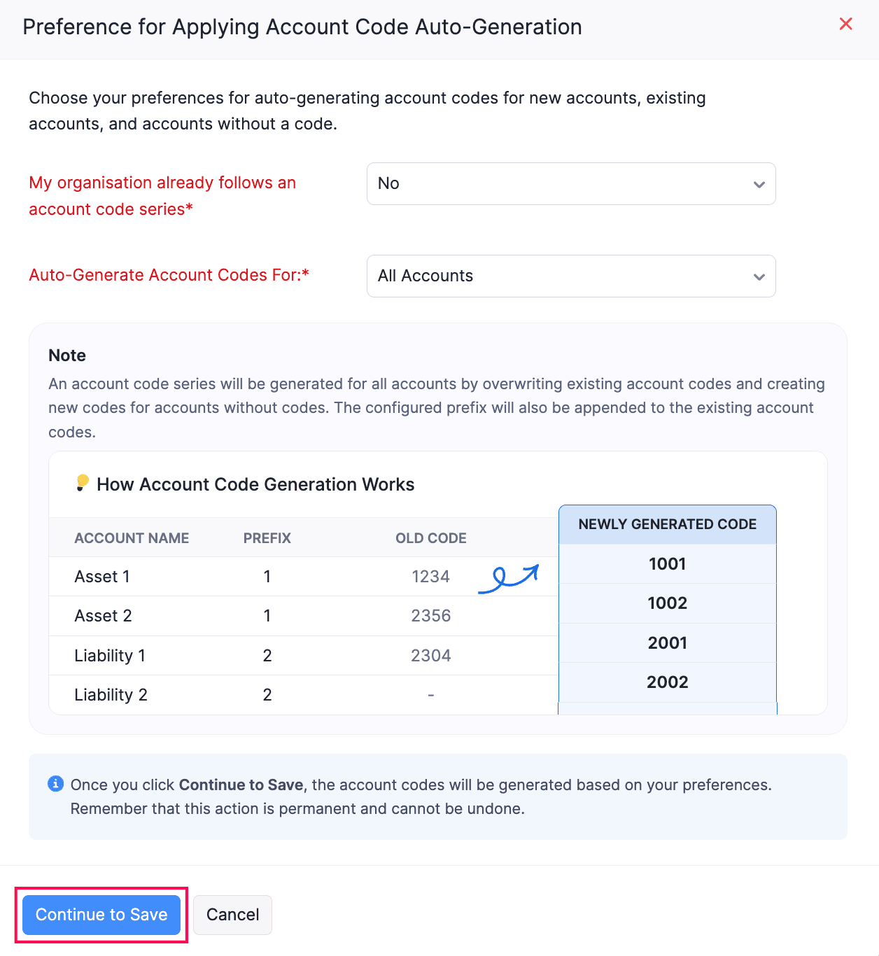 Preferencia para aplicar código de cuenta Auto-Generation