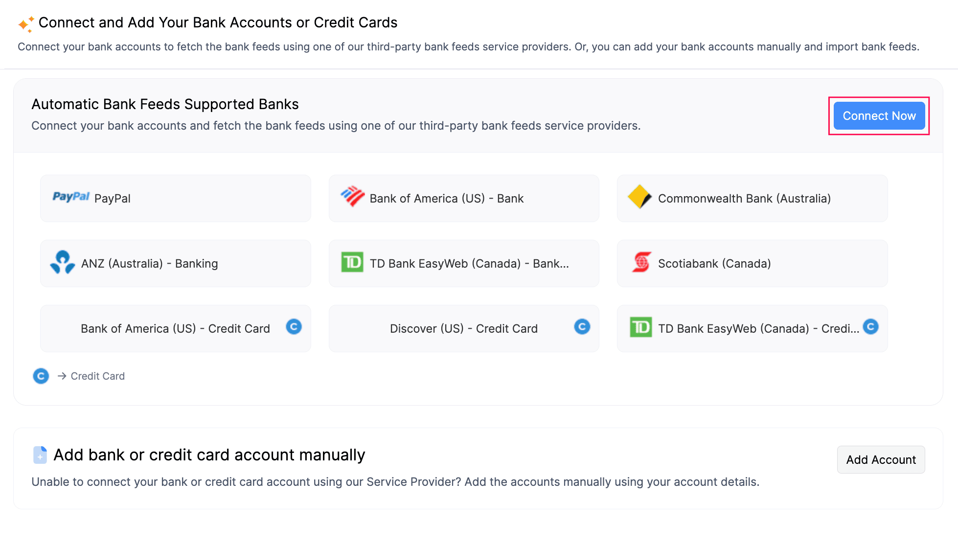 Añadir cuentas que admiten los feeds bancarios automáticos»
