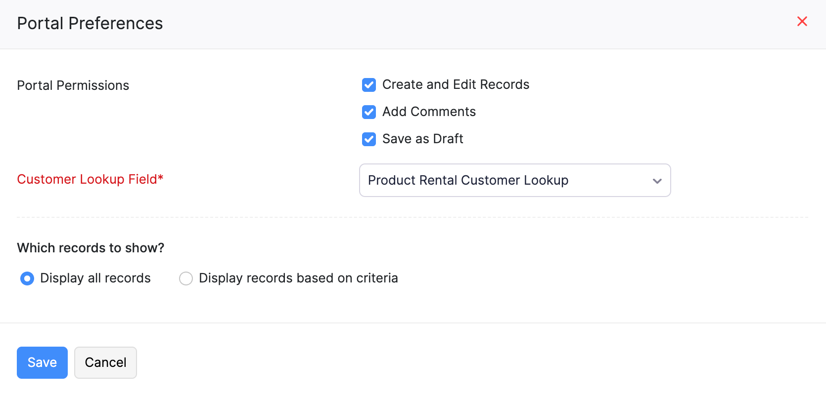 The Portal Preferences pop-up. Configure the custom module's preferences in the customer and vendor portals.