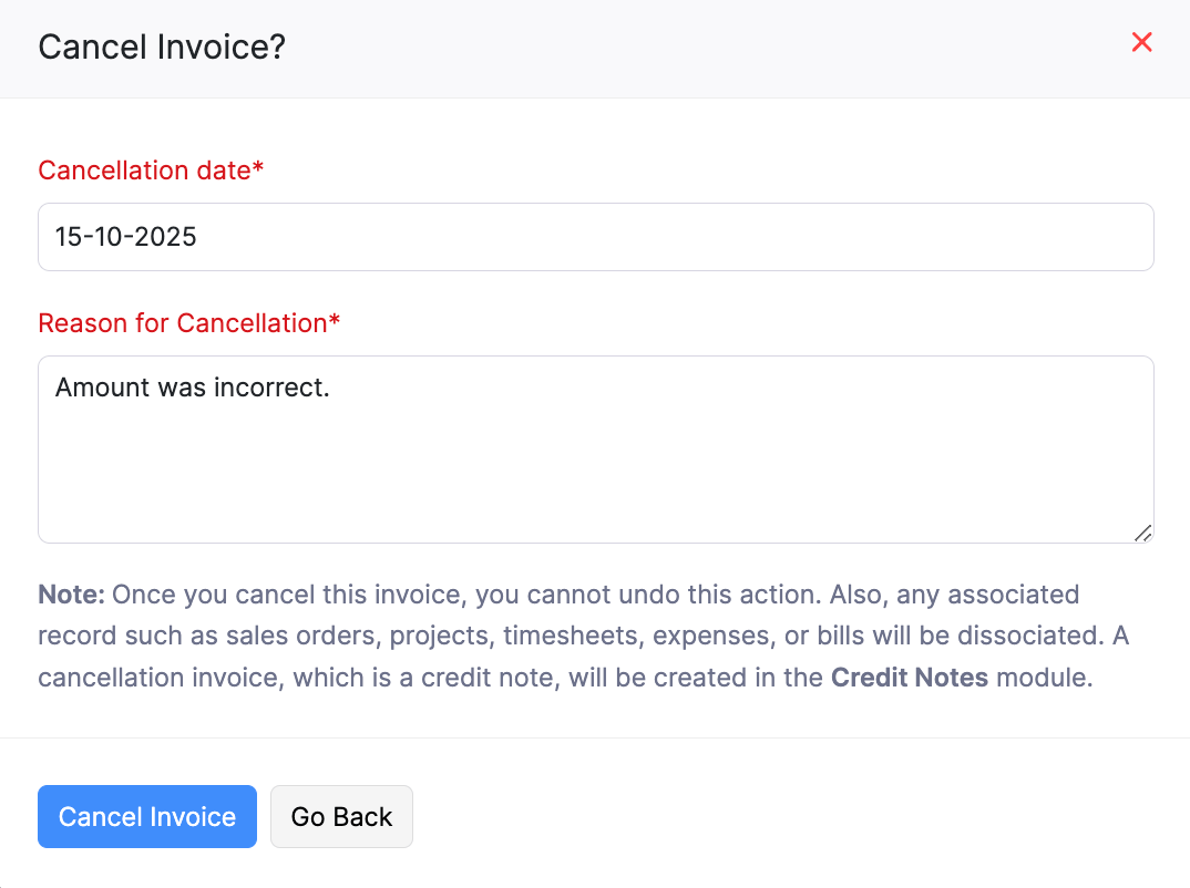 Cancel Invoice Pop-up