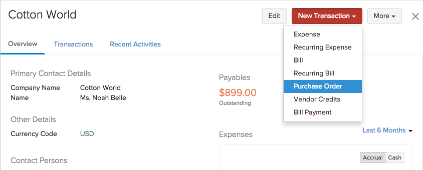 Creating purchase order in contact