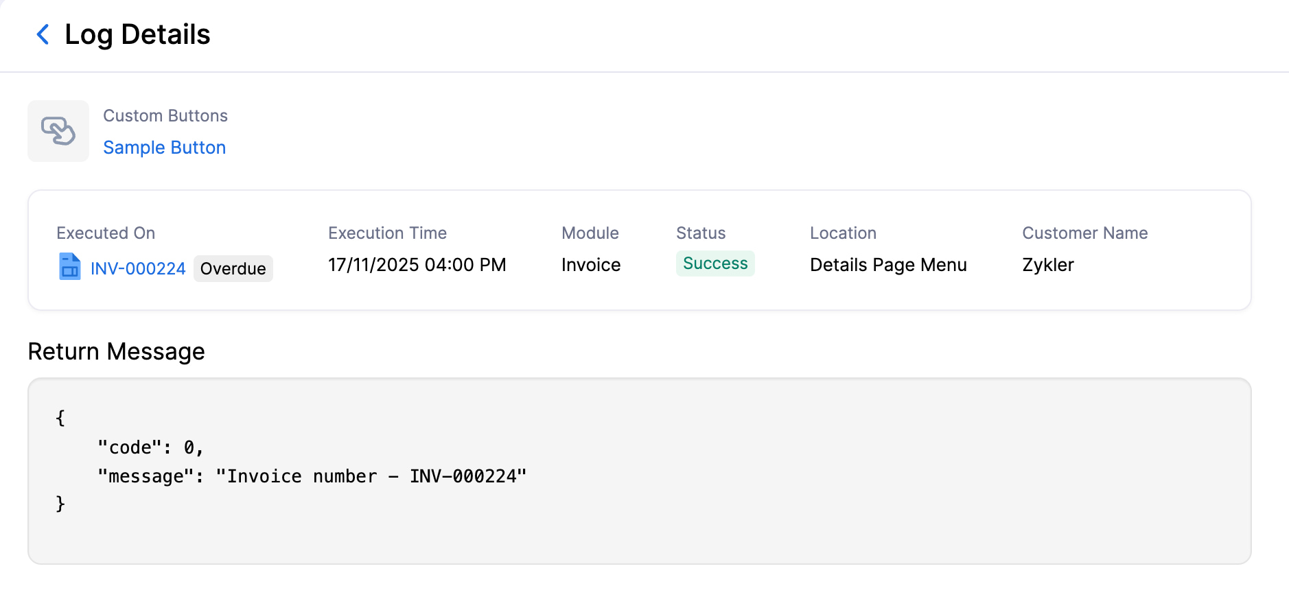 Log Details page of custom module.