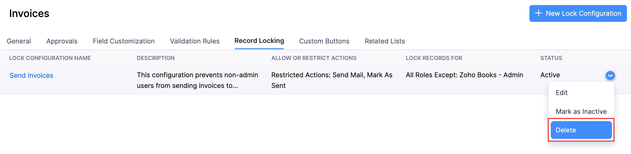 The Record Locking tab of a module's Preferences page. Hover a lock configuration, click the dropdown, and select Delete to delete a lock configuration.