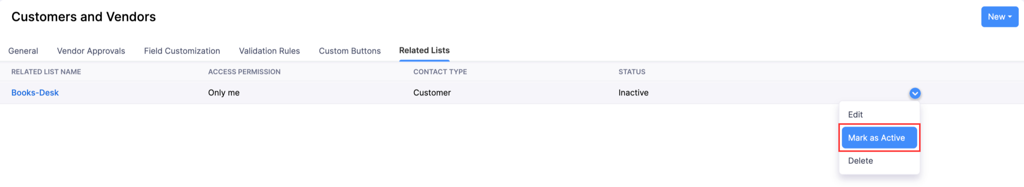 The Related Lists page of a module. Hover an inactive related list, click the Dropdown icon, and select Mark as Active to enable it.