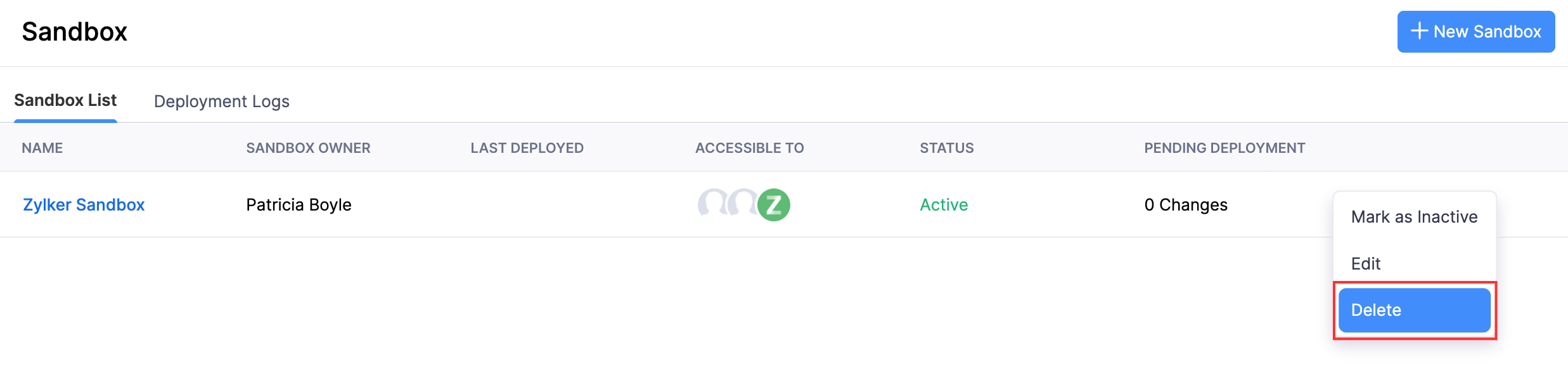 Der Sandbox-Liste-Tab eines Sandboxes. Um einen Sandbox zu löschen, bewege den Mauszeiger darüber, klicke auf die Schaltfläche 'Weitere' und klicke auf 'Löschen'.