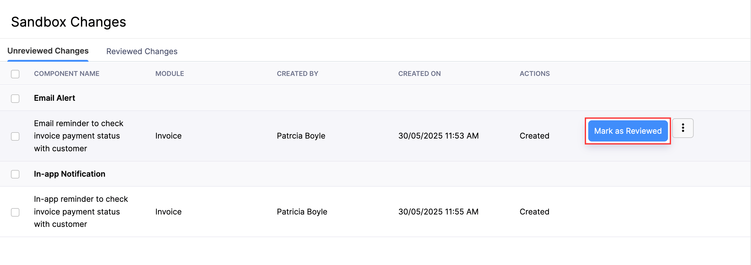Die Registerkarte Unüberprüfte Komponenten. Um eine Komponente als überprüft zu markieren, bewege die Maus darüber, klicke auf die Schaltfläche Weitere und wähle Als überprüft markieren.