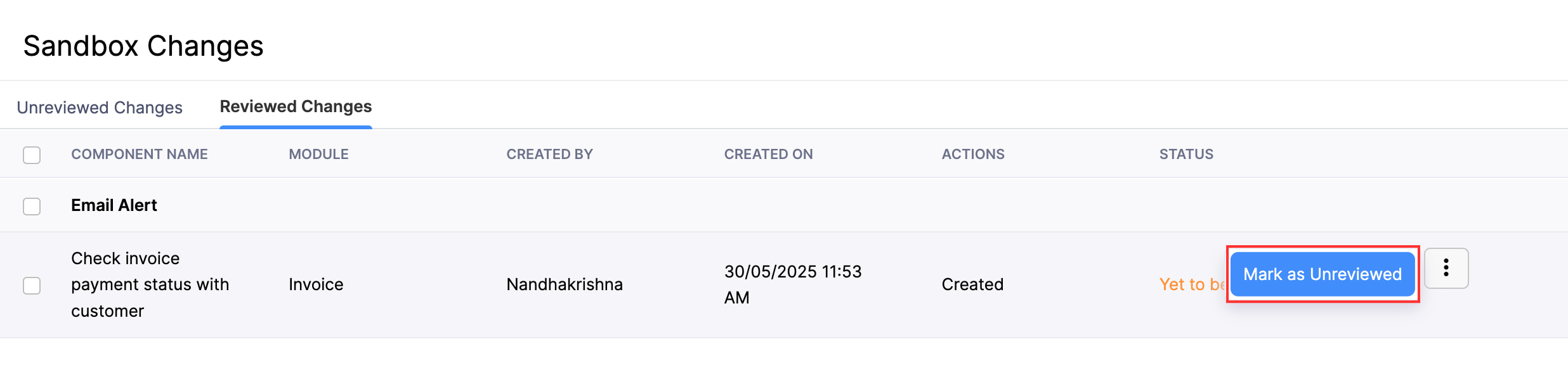 Die Registerkarte Überprüfte Komponenten. Um eine überprüfte Komponente als unüberprüft zu markieren, bewege die Maus darüber, klicke auf die Schaltfläche Weitere und wähle Als unüberprüft markieren.
