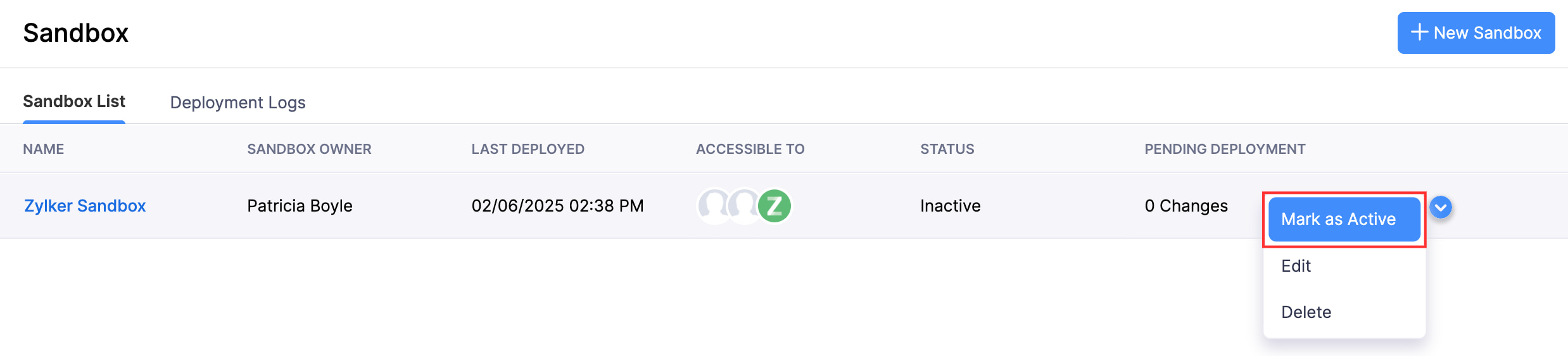 Der Sandbox-Liste-Tab eines Sandboxes. Um einen inaktiven Sandbox als aktiv zu markieren, bewege den Mauszeiger darüber, klicke auf die Schaltfläche 'Weitere' und klicke auf 'Als aktiv markieren'.