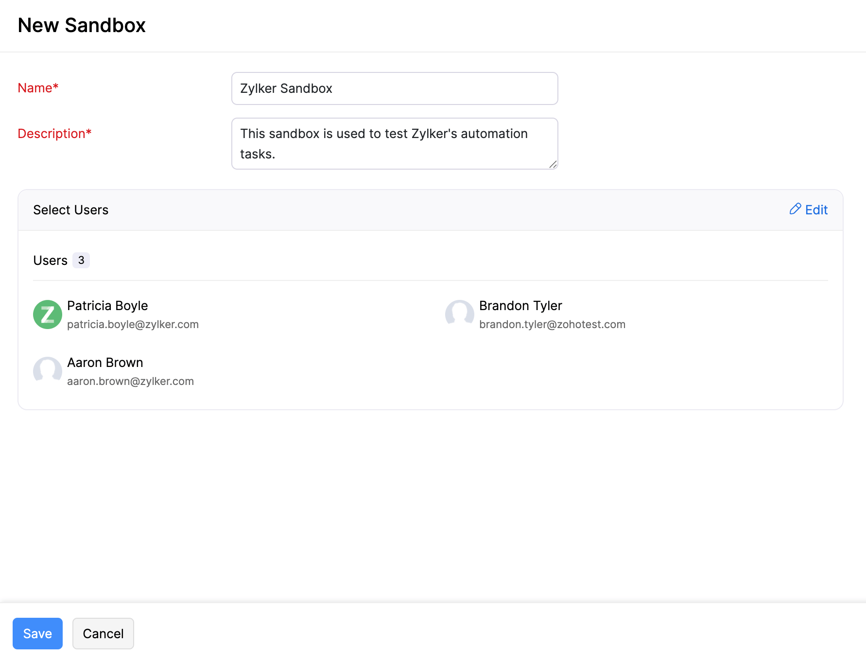 Die Seite für das neue Sandbox. Geben Sie den Namen und die Beschreibung des Sandboxes ein und wählen Sie die Benutzer aus, die darauf zugreifen dürfen.