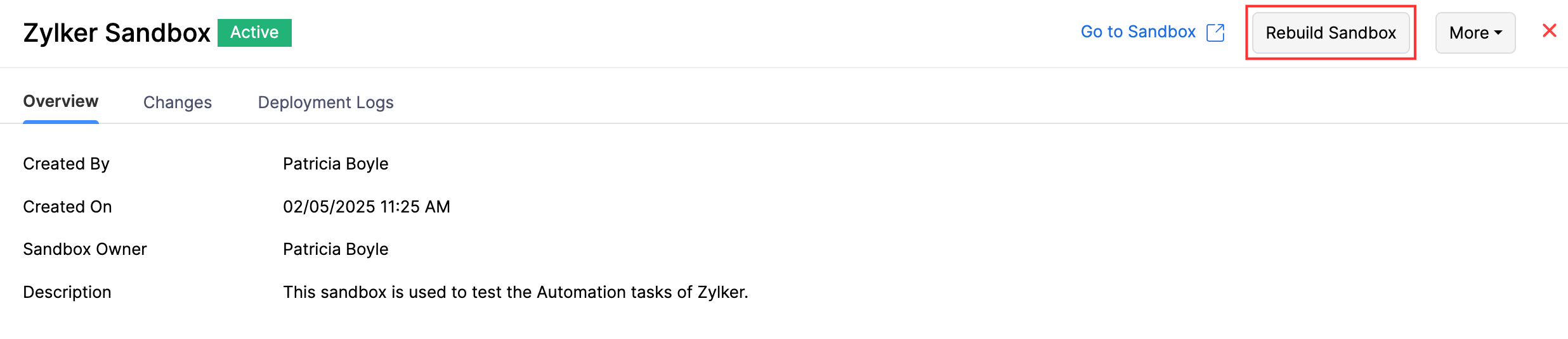 Der Sandbox-Liste-Tab eines Sandboxes. Um einen Sandbox neu zu erstellen, klicke im oberen rechten Bereich auf 'Sandbox neu erstellen'.