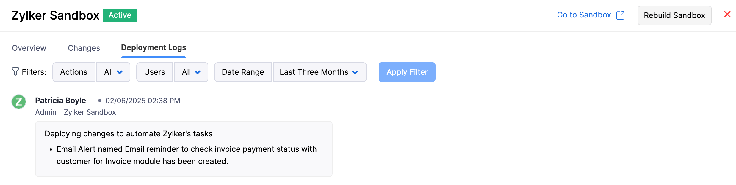 Der Bereitstellungsprotokolle-Tab einer Sandbox. Hier können Sie ein Protokoll aller von der Sandbox in die Produktionsorganisation bereitgestellten Änderungen anzeigen.