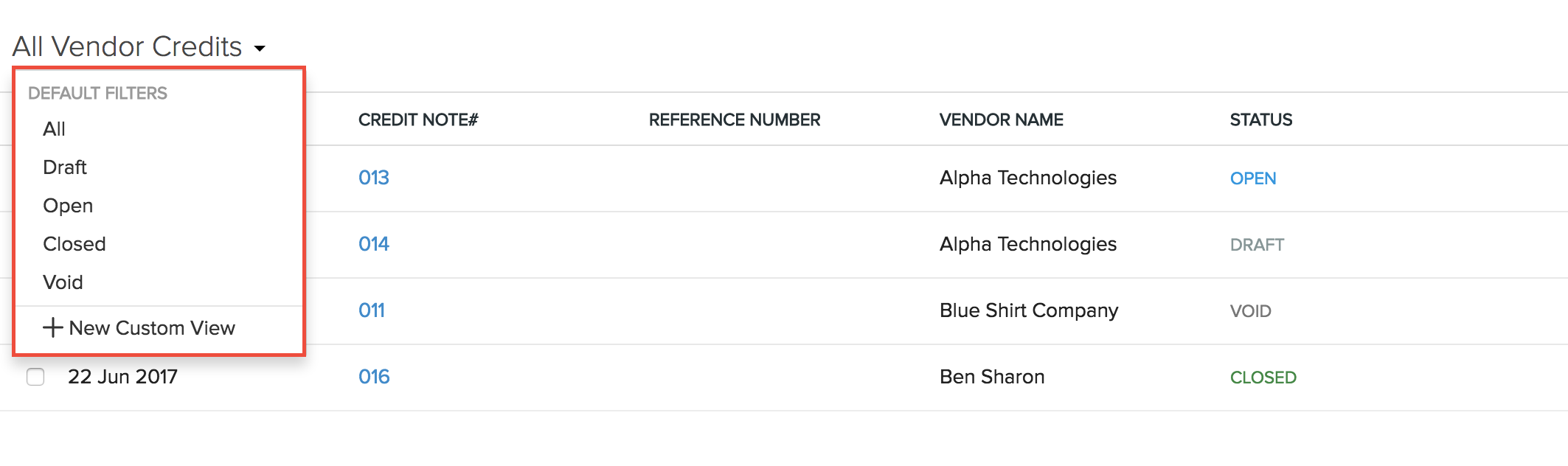 Filtering vendor credits