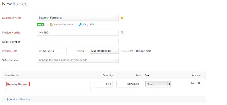 Invoice representing an opening debit balance