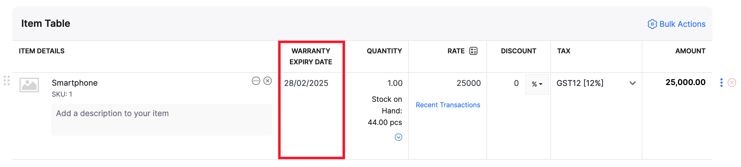 Custom field added as a column in the item table