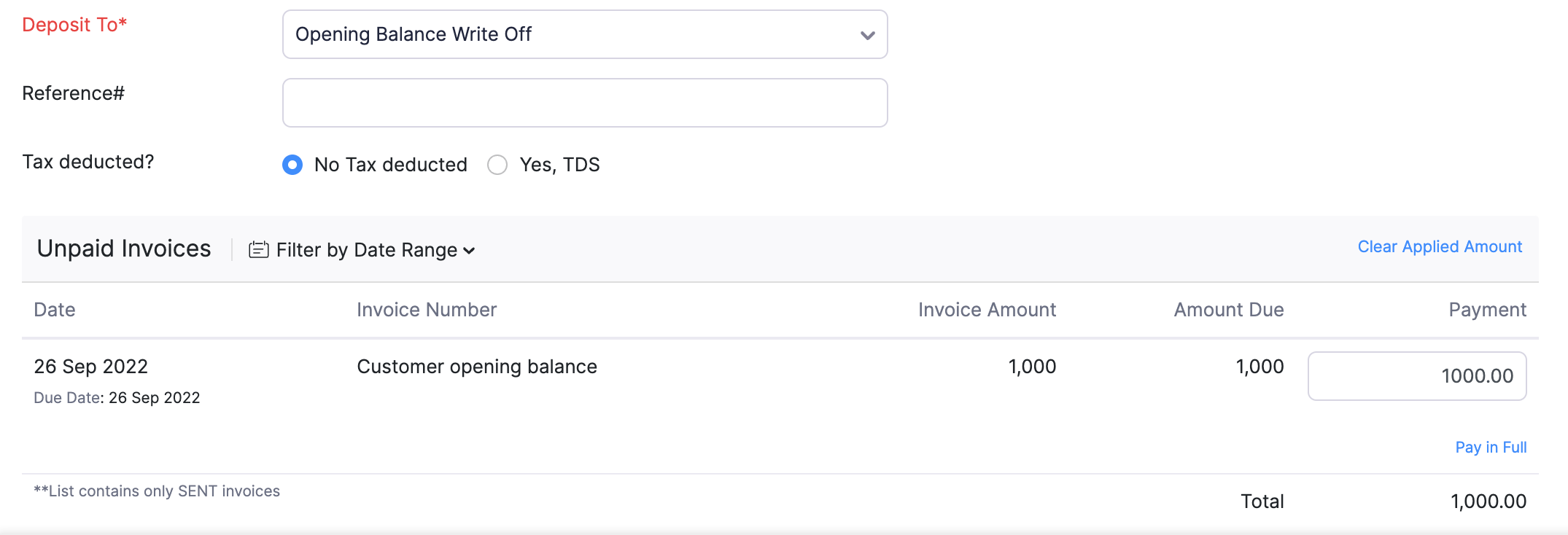 Record payment for the customer's opening balance write-off