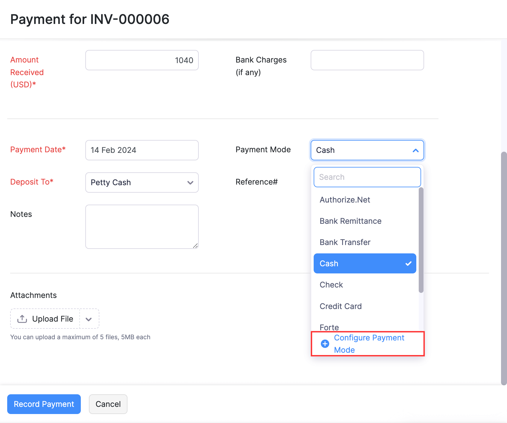 Click 'Configure Payment Mode' from the Payment Mode dropdown