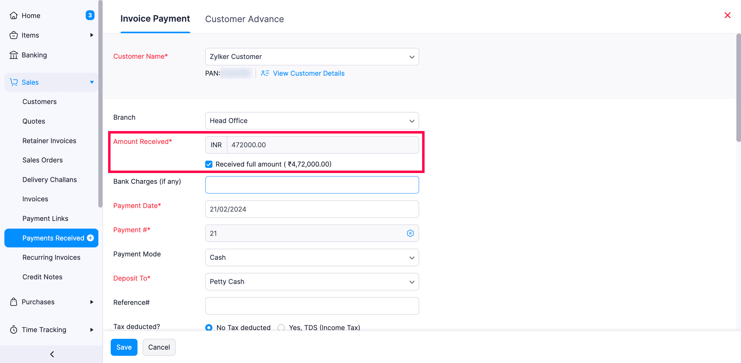 An image showing the invoice payment page where you can record payment made by a customer for multiple invoices.