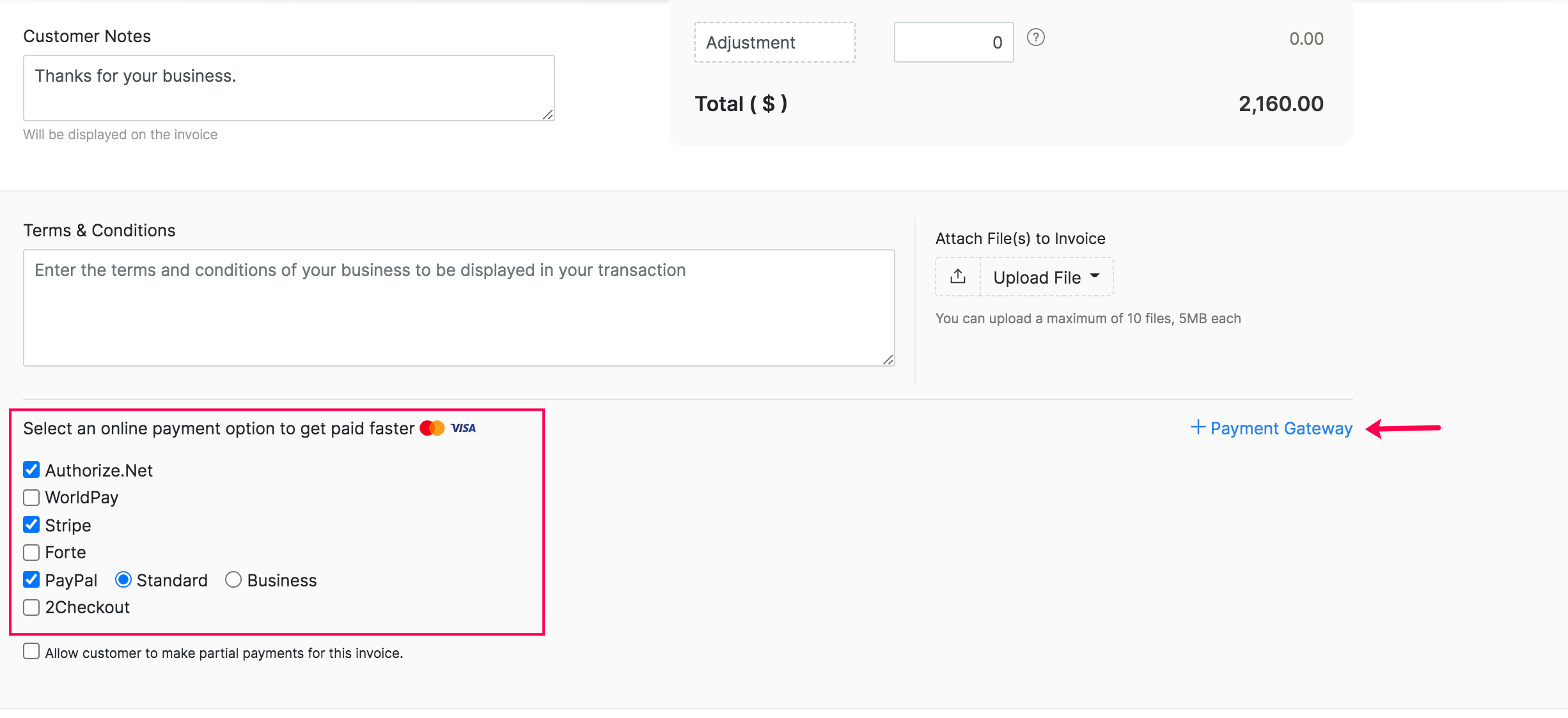 Associate payment gateway to invoice