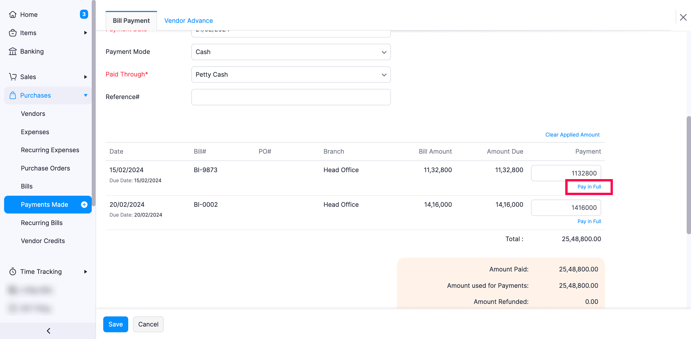 An image showing a list of all the unpaid bills pertaining to a single vendor in Zoho Books.