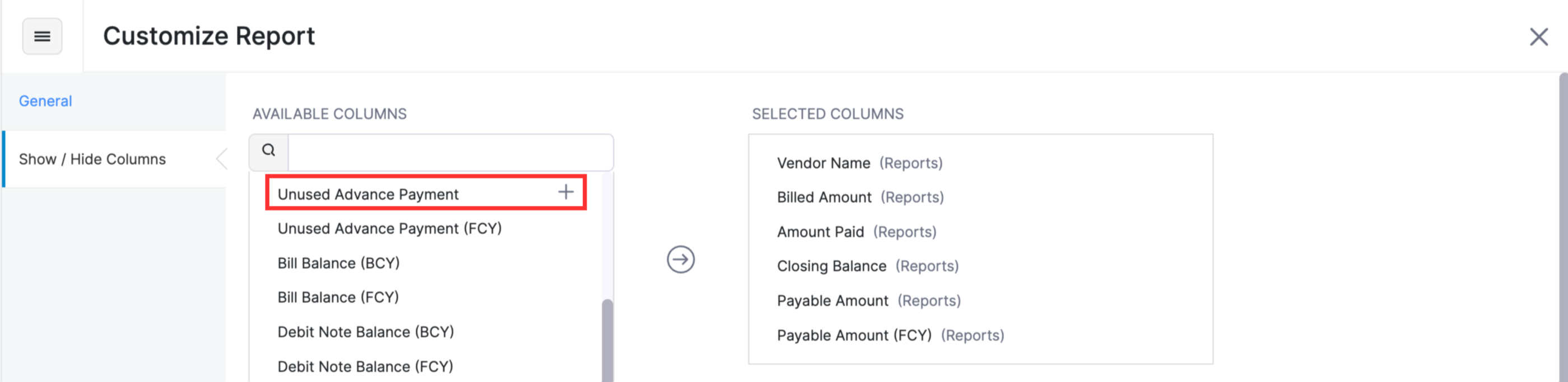 Click + next to Unused Advance Payment