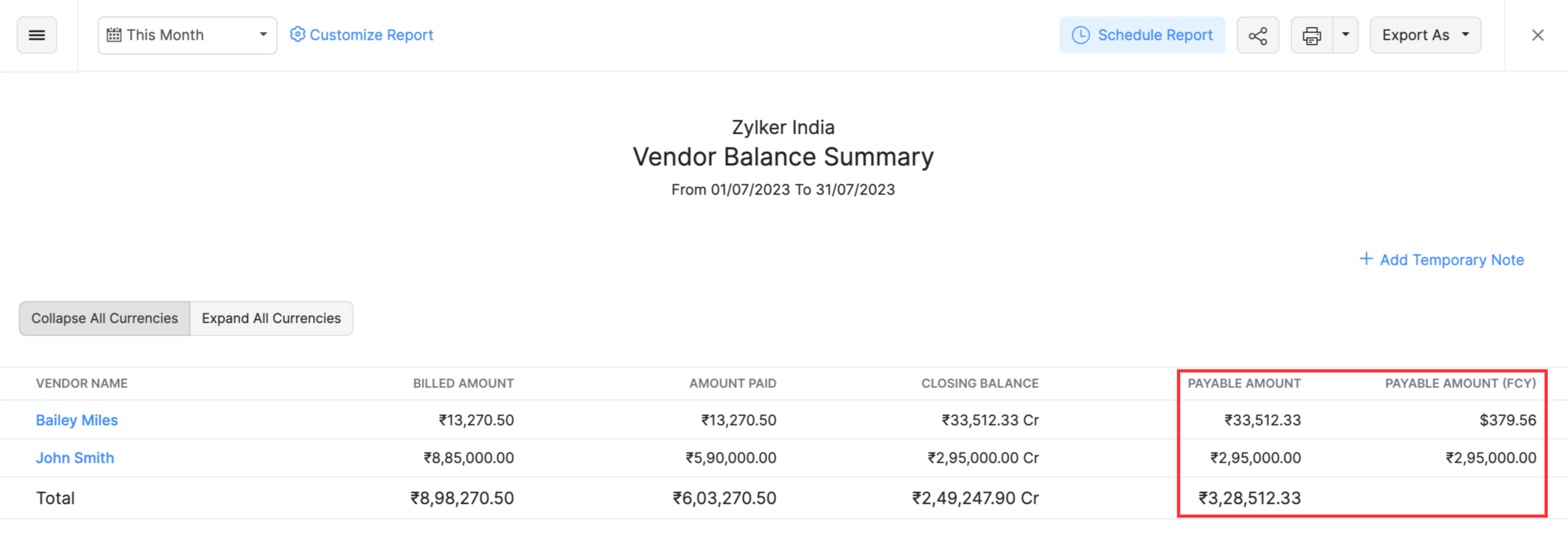 Payable Amount Column in report