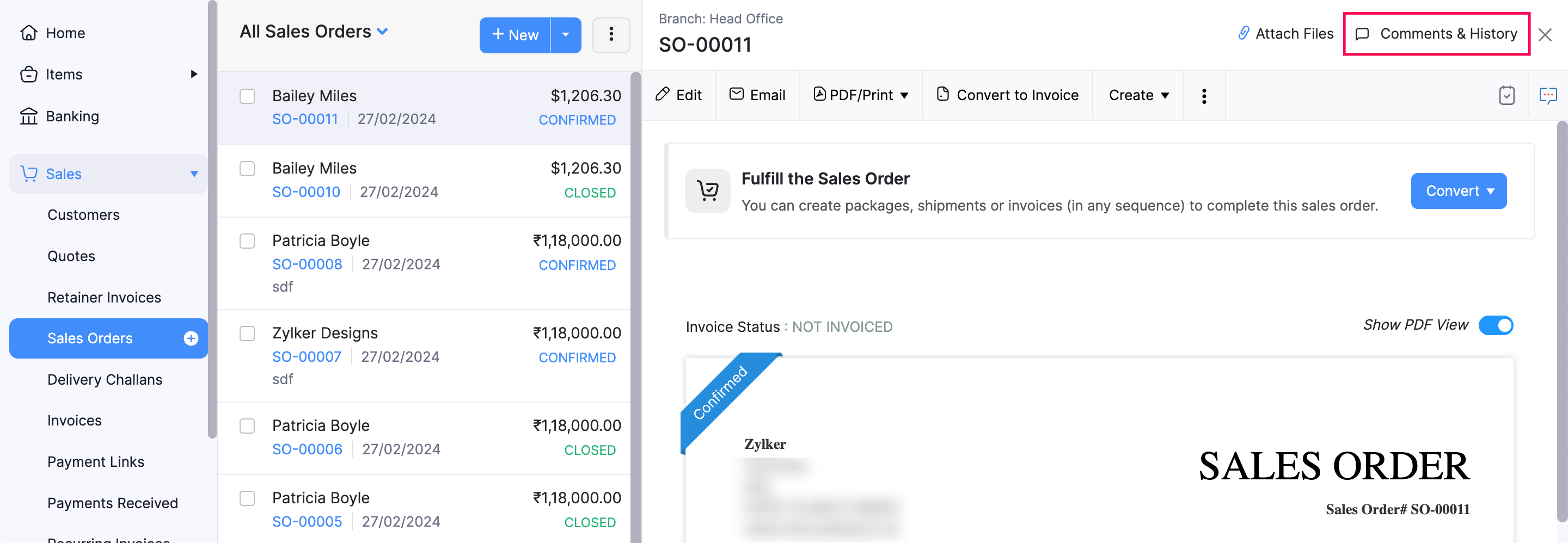 Comments & History button in a sales order in Zoho Books