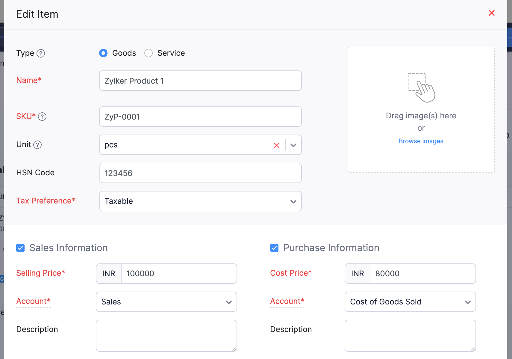 Edit Item popup to edit item details from within a sales order in Zoho Books