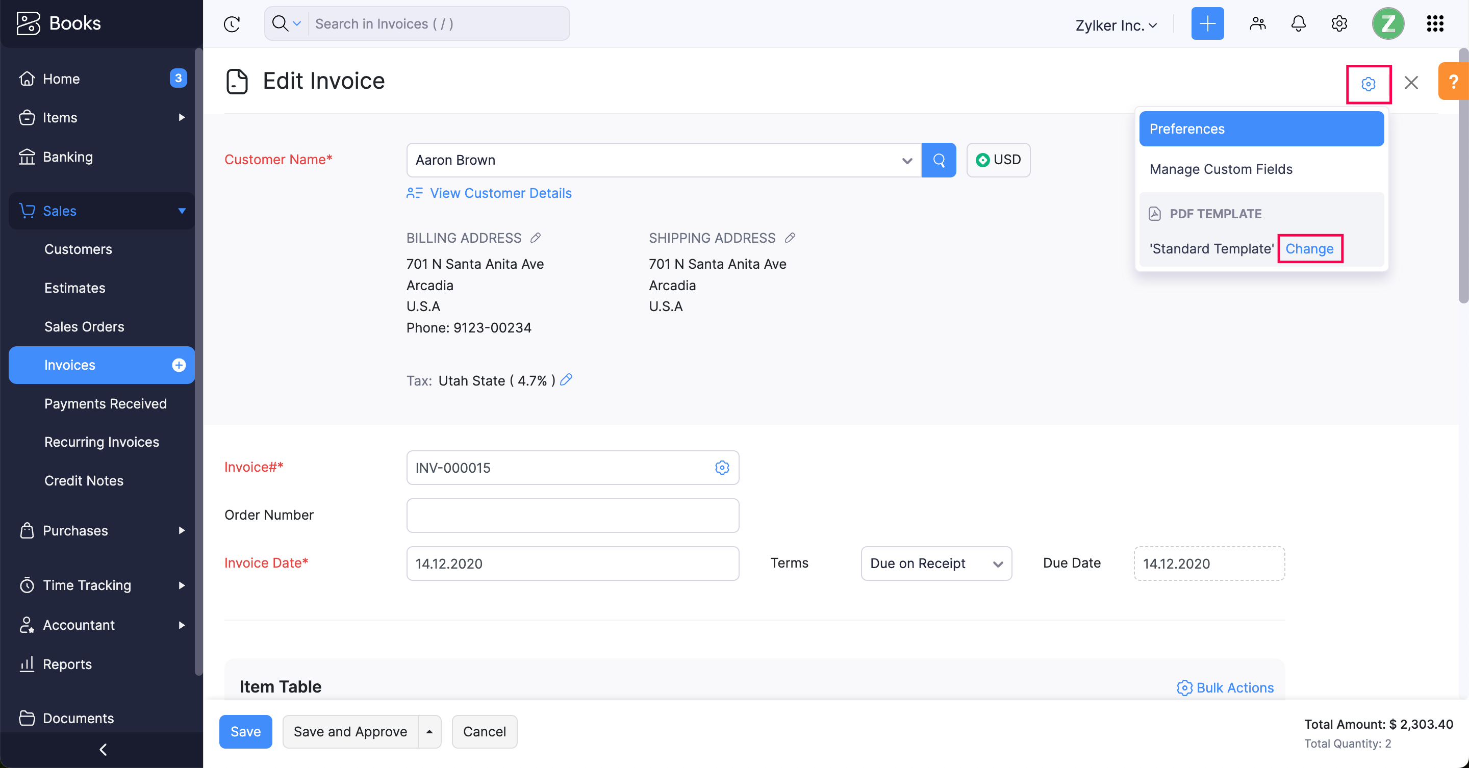 Change Invoice Template