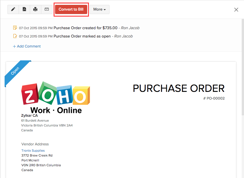 Convert purchase order to a bill