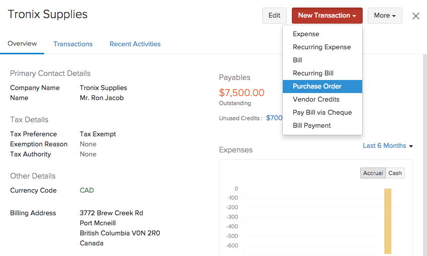 Creating purchase order in contact