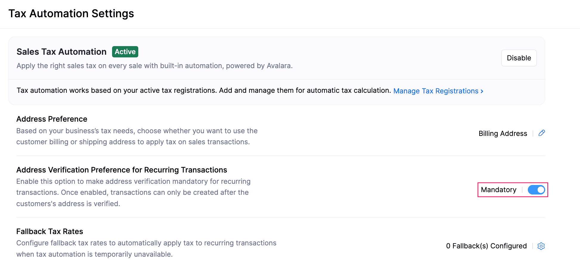 Address Verification Preference for Recurring Transactions