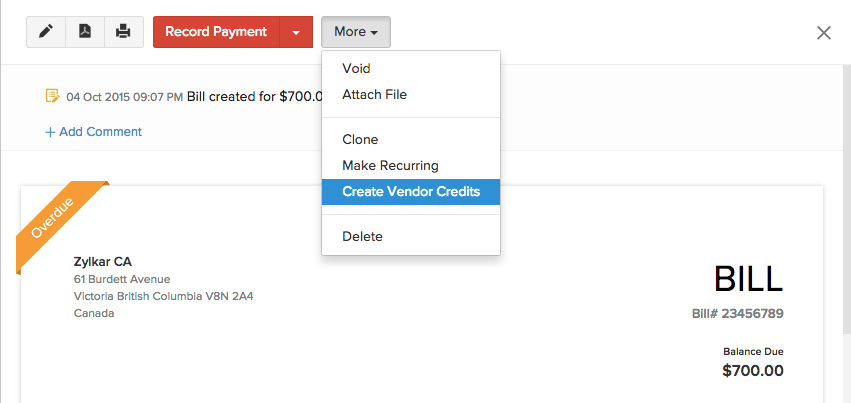 Creating a vendor credit