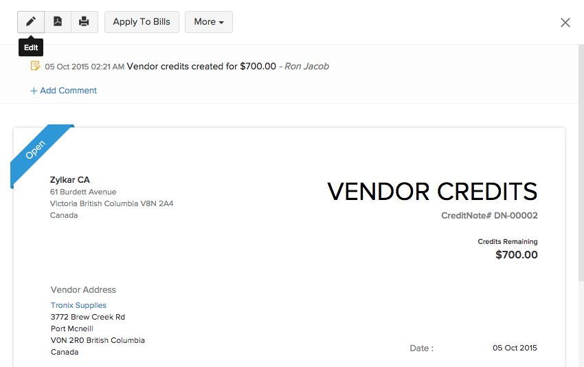 Editing a vendor credit